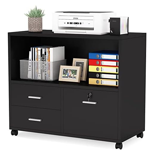 Tribesigns 3 Drawer File Cabinet with Lock, Mobile Lateral Filing Cabinet with Rolling Wheels, Large Printer Stand with Open Storage Shelves for Home Office (Black)