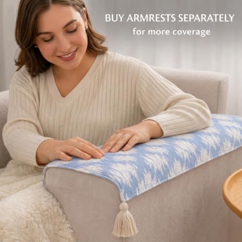Image of STITCHNEST 'Verdant Ikat Stories' 3 Seater Sofa Cover| Elegant Jacquard Fabric, Decorative Tassels, Washable & Durable for Modern Living