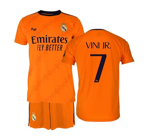 Real Madrid - Conjunto Camiseta y Pantalón Segunda Equipación Temporada 24/25, Vini Jr., Niños 12 Años, Replica con Licencia Oficial