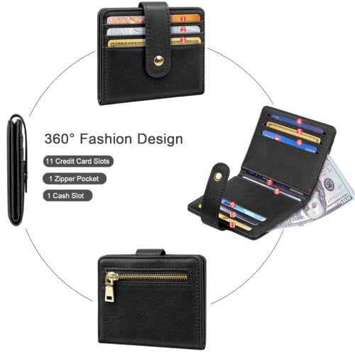 Image of Small Wallets for Women Slim Minimalist Bifold Credit Card Holder | Compact Zipper Coin Purse for Ladies RFID Blocking Mini Travel PU Leather Card Case Gifts for Mom, Matte Black