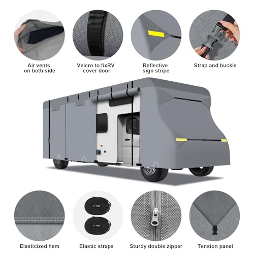 Class C RV Cover Upgraded 7 Layer Anti-Tear RV Cover for 26-29ft Motorhome Winter Camper Cover Waterproof Anti-UV Windproof RV Cover with 2Pcs Extra Straps, Adhesive Repair Patches, 6 Gutter Cover