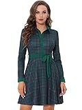 Allegra K Damen Langarm Hohe Taille Contrast Point Collar Karriert Knielang Minikleid Kleid Grün M