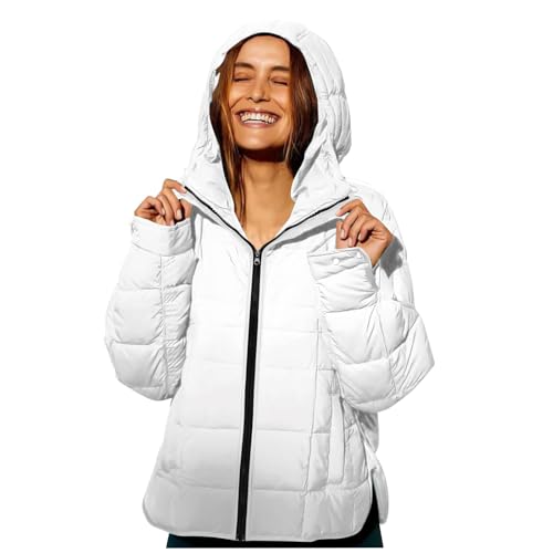 Womens Quilted Puffer Jacket Winter Warm Packable Hooded Coats Lightweight Oversized Long Sleeve Jackets with Pocket Fall Casual Padded Hoodie Coat Plus Size Girls Clothing Going Out Vacation White