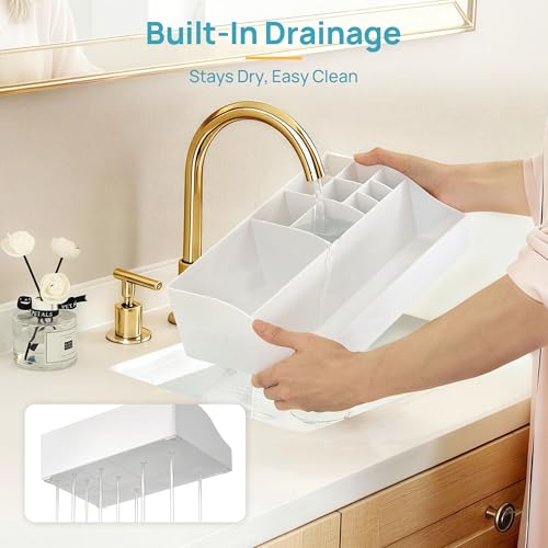 Image of Vtopmart 5 PCS Bathroom Countertop Organizer, 1 Divided Tray with 4 Qtip Holder Jars, Restroom Clear Organizers for Toothbrush, Cotton Pads Balls, Floss, Bathroom Vanity Accessories Storage Set, White