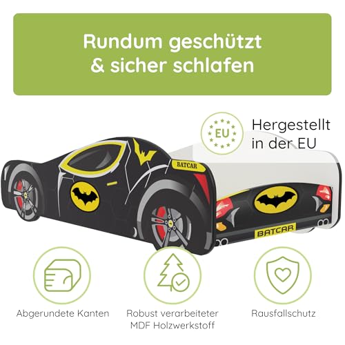 Kids Collective Autobett 70x140 cm Kinderbett Jugendbett mit Rausfallschutz | Kinder Spielbett Batman Batmobil Bat Car Auto Bett in schwarz optional mit Matratze | von Geburt bis 6. Lebensjahr