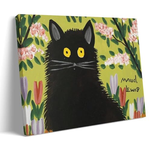 Art Mural Chat Noir Maud Lewis - Tableau d'Art sur Toile de Qualité avec Cadre 12x18 Pouces