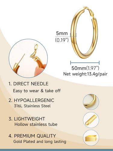 Image of Stainless Steel Chunky Hoop Earrings For Women, Minimalist and Chic, Black /Gold Plated, Round Hoops Earrings Hypoallergenic, Size: 30mm /40mm /60mm /80mm, Come with Box