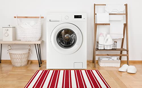 Nautica Runner Rug | Indoor Carpet For Entryway & Hallway Rug| Non-Slip And Non-Skid Entry And Kitchen Door Mat| Machine Washable Low Profile Floor Mat | 26" X 45"| Stripe Red And White #TOP26