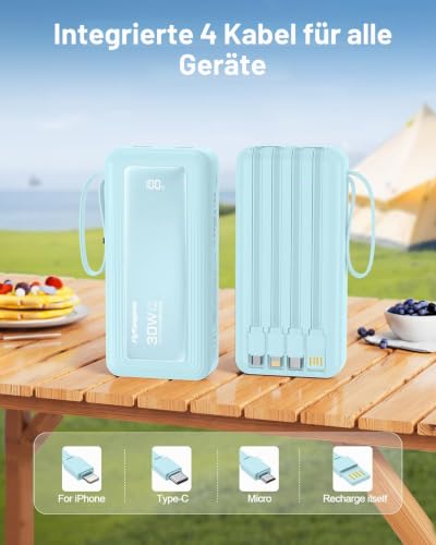 Powerbank 27000mAh mit 4 integrierten Kabel, 30W USB C Schnellladefunktion – Ansicht 3