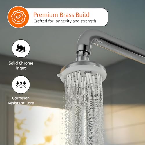 Image of Amazon Basics Shower Head for Bathroom | Round Multifunction 5-Spray Overhead Shower | Wall Mount Bathroom Shower with Pause Function, Chrome Finish, 4.5 Inches