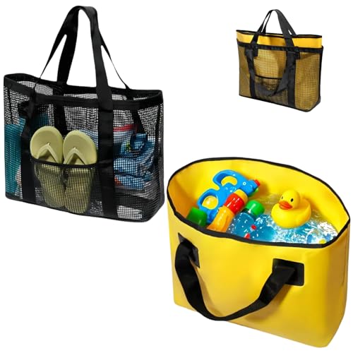 Double Large Mesh Beach Bag Tote Waterproof Sandproof with Pocket for Women Men Beach Swim Pool Separable 35L&28L