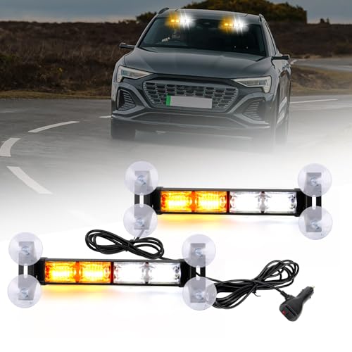 JMEST LEAD Amber & White Windshield Strobe Lights For Trucks, 2 in 1 Car Windshield Dash Strobe Warning Lights, 48-LED Emergency Strobe Light Flashing Beacon Light 20 Modes For Cars Van Vehicles