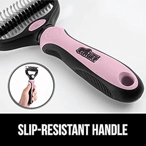 Gorilla Grip Stainless Steel Pet Grooming Rake, Comfort Handle, Dematting and Deshedding Dog Brush, Prevent Mats and Tangles, 2 Sided Cats and Dogs Hair Comb, Groom Short Long Undercoat Fur, Pink Gorilla Grip Stainless Steel Pet Grooming Rake, Comfort Handle, Dematting and Deshedding Dog Brush, Prevent Mats and Tangles, 2 Sided Cats and Dogs Hair Comb, Groom Short Long Undercoat Fur, Pink