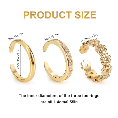 3pcs Silver Toe Rings, Open Adjustable Copper Toe Ring Set Flower Diamond Plain Foot Ring Summer Beach Foot Jewelry for Women2