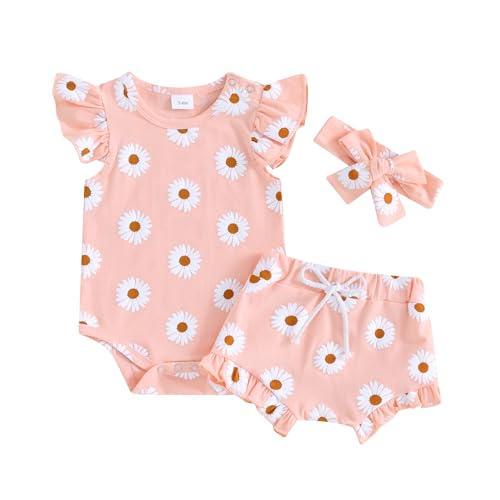 Image of Hnyenmcko Newborn Baby Girl Clothes Daisy Print Fly Sleeve Romper Ruffle Bloomer Shorts Headband Set Infant Summer Outfits