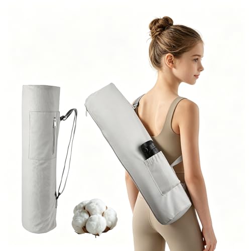 Baestappy Cotton yoga mat bag with Pockets and Adjustable Strap - Full Zip Cargo Yoga Mat Carrier Bag - Bag for 1/4" 1/3" Thick Yoga Mat