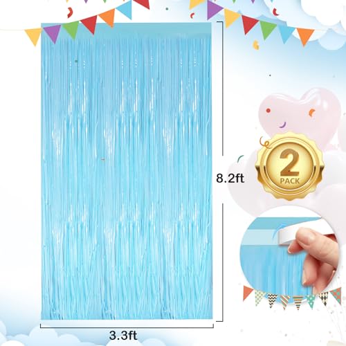 Image of Macaron Blue Fringe Curtain Party Streamers 2Pack 3.3 x 8.3 Ft Foil Fringe Backdrop Curtains for Birthday Wedding Bridal Baby Shower Holiday Tinsel Streamers Blue Party Decorations Door Streamer