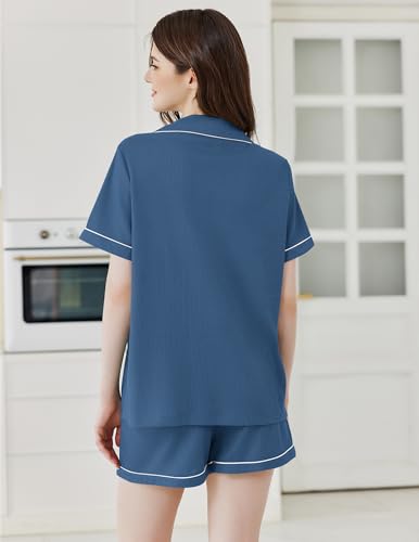 Image of Ekouaer Womens Waffle Knit Pajama Sets Soft Short Sleeve Button Down Sleepwear Cozy 2 Piece Pjs Shorts Set
