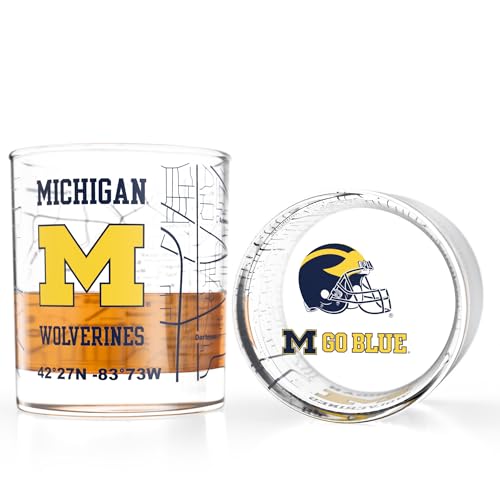 Greenline Goods University of Michigan Wolverines Whiskey Glasses Set of 2, 10 oz Rocks Glasses with Full-Color Logo & Campus Map – Officially Licensed Bourbon Glass Gift for Alumni & Fans