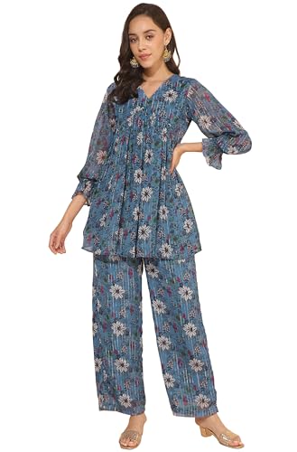 Image of Janasya Women's Chiffon Lurex Floral Printed Top with Pant