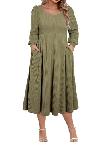 Eytino Womens Plus Size Dress Square Neck Long Sleeve Midi Sweater Dresses with Pockets(1X-5X)
