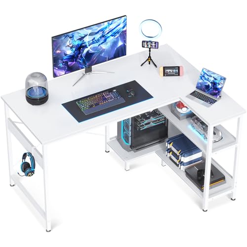 ODK Small L Shaped Computer Desk, 48 Inch Corner Desk with Reversible Storage Shelves & PC Stand for Home Office Workstation, Modern Simple Writing Study Table with Storage Bag for Small Space, White
