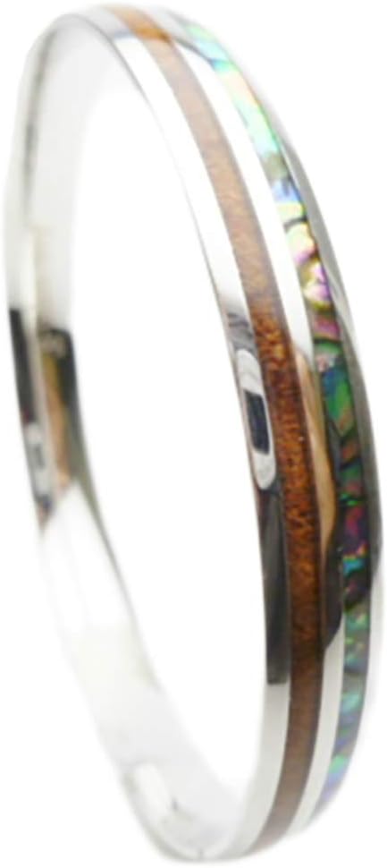 316L Stainless Steel Comfort Fit Natural Abalone Paua Shell And Koa Wood Inlay With Stripe Hawaiian Curved Top Bangle Bracelet (Width: 6mm, 8mm, 10mm, 12mm) (Size: 7.5", 8", 8.5")