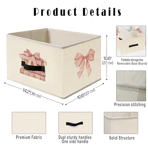 Image of Coquette Pink Bow Book Storage Bins, Preppy Aesthetic Bookish Collapsible Fabric Storage Basket Organizer for Clothes Toys Books Girls Room Dorm Bedroom