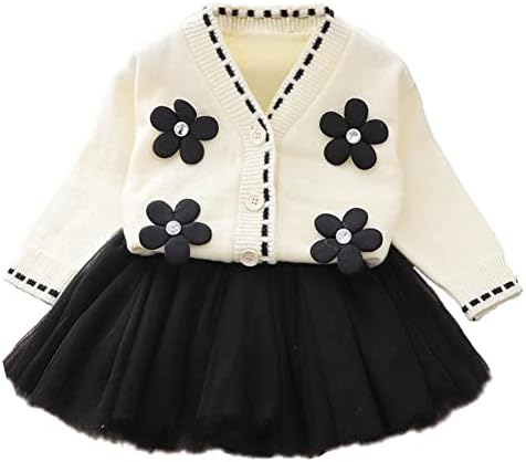 Toddler Baby Girls Knitted Sweater Dress Set Kids Long Sleeve Floral Heart Print Round Neck Buttons Sweater Top + Ruffles Mini Skirt Outfits Fall Winter Clothes Set White Black Floral 12-18 Months