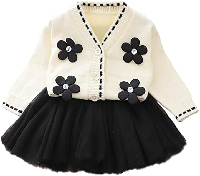 Baby Girls Knitted Sweater Dress Kids Floral Sweater Top + Ruffles Mini Skirt Outfits Fall Winter Clothes Set 2pcs