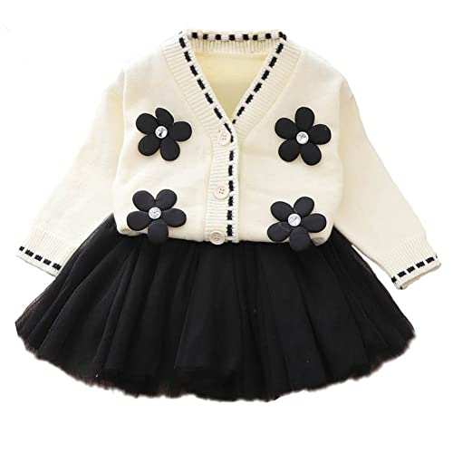 Toddler Baby Girls Knitted Sweater Dress Set Kids Long Sleeve Floral Heart Print Round Neck Buttons Sweater Top + Ruffles Mini Skirt Outfits Fall Winter Clothes Set White Black Floral 12-18 Months #TOP3