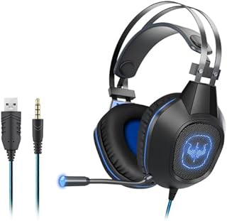 Ovleng GT64 Wired Gaming Headset Over-Ear E-sports Headset Cool Lighting USB+3.5mm Headphone with Microphone Compatible with PUBG PC, Mac & Consoles - Black Blue