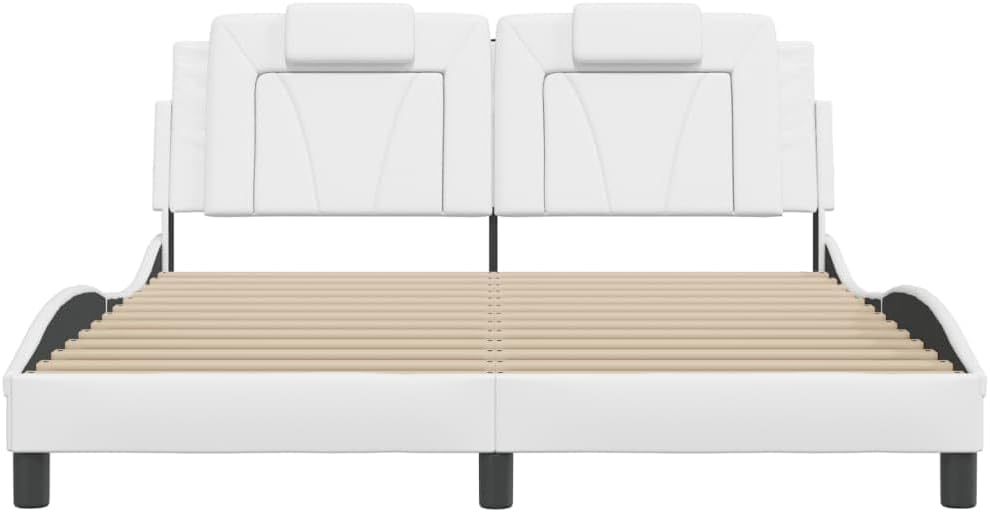 Bed Frame Viana with LED Lights White Faux Leather Platform Foundation 59.8"x79.9" Sturdy Slatted Nonslip Headboard Modern Bedroom Furniture for Mattress Support