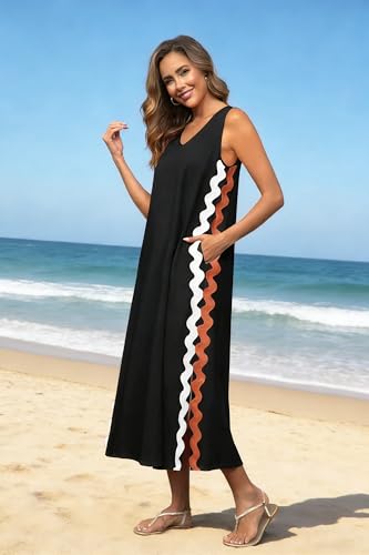 Image of utcoco Women's Summer Beach Boho Flowy Maxi Dress Casual Sleeveless V Neck Side Slit RIC Rac Tank Dress