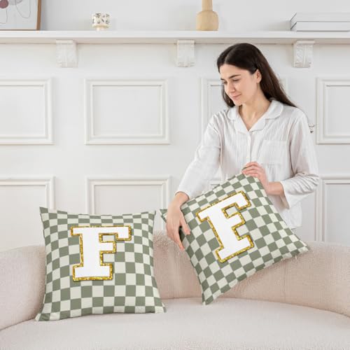 Image of Erosebridal Sage Green Checkered Throw Pillow Covers 18x18 Set of 2 Plaid Initial F Cushion Cover Personalized Monogram Throw Pillow Case for Bed Couch Sofa Fashion Grids Gingham Home Decor