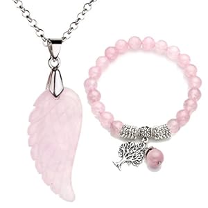Top Plaza Reiki Healing Crystal Quartz Gemstones Jewelry Angel Wings Carved Stone Pendant Necklace Life Tree Charm Stretch Bracelet Set