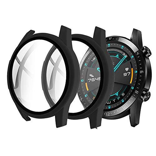 Seltureone 2 Stück Panzerglas Schutzhülle Kompatibel für Huawei Watch GT 2 46mm,Hard PC Rundum Displayschutz Ultradünne Blasenfreie Gegen Kratzer Schutzhülle für Huawei Watch GT 2 46mm - Schwarz Cover