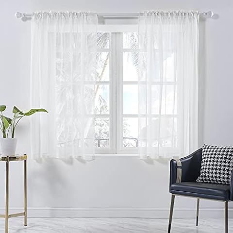 White Sheer Curtains 63 Inches Long for Kitchen Bathroom Rod Pocket Semi Sheer White Curtains Drapes for Bedroom Living Room Faux Linen Sheer Draperies Light Filttering Curtains 2 Pack 42Wx63L Cover