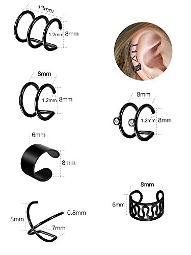 Hestya 6 Pairs Stainless Steel Ear Clips Non Piercing Earrings Hoop Ear Cuffs Cartilage Ear Clips Set For Men Women, 6 Various Styles (Black) #TOP1