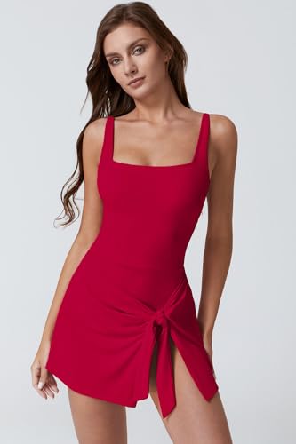 Image of QINSEN Square Neck Swim Dress for Women Tummy Control One Piece Swimsuit Wrap Bathing Suit