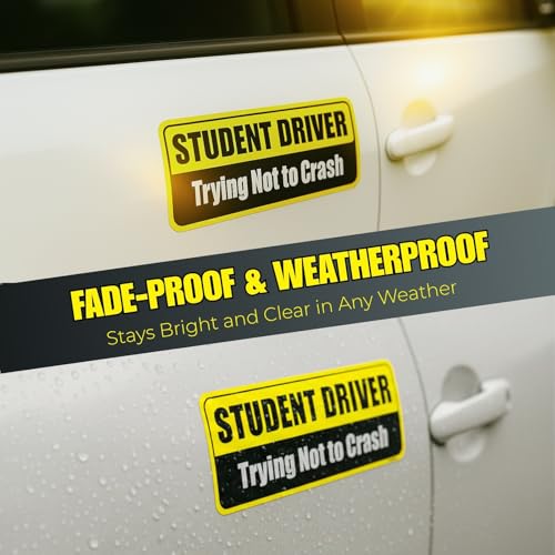 Image of Lusinus Student Driver Magnet for Car - 2-Pack Reflective Funny Magnetic Bumper Sticker Set - Removable Novice Driver Safety Attention Sign - Weather-Resistant (Yellow-Black)