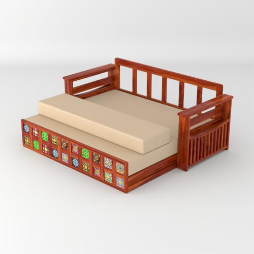 Image of Solid Sheesham Wood Sofa Cums Bed with Mattress & Storage | Rosewood Convertible Sofa Bed for Living Room & Bedroom (F-Honey, 3 Seater)