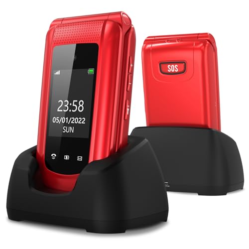 Ufferson Telefono Cellulare per Anziani Senza Contratto, GSM Flip Telefoni Cellulari con Tasti Grandi, 2.4+1.77 Doppio display, Funzione SOS, Volume alto, Torcia, Base di ricarica, Rosso