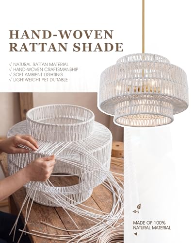 Image of 18 inch Boho Rattan Chandelier, Gold, AD-25050-4P-WH | 4-Light 3-Tier Hand Woven Dining Room Light Fixture, White Pendant Lights for Living Room Kitchen Island, Adjustable Height