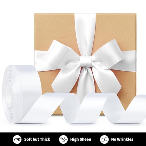 Image of Mauproy 1-1 /2 Inch Wide White Satin Ribbon, 50 Yards Solid Polyester Fabric Ribbon for Roses Making, Gift Wrapping, Flower Bouquets, Wedding Decorations, Handmade Crafts
