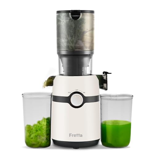 Fretta Cold Press Juicer Machines, Masticating Slow Electric Juicer with 1L and 108mm Feeding Chute,Big Mouth for Whole Fruits and Vegetables,Tritan BPA-Free,200W,High Juice Yield,Easy to Clean,White