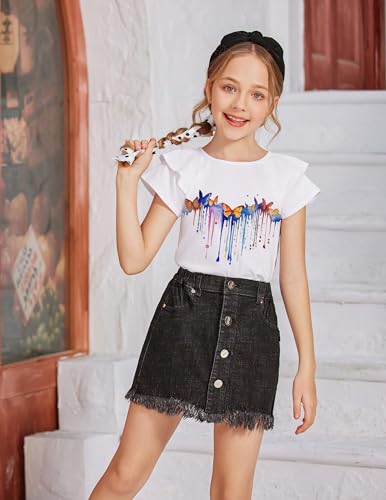 Image of Girls T Shirts Ruffle Short Sleeve Round Neck Loose Blouse Summer Solid Color Casual Girl Tee Tops for 3-12 Years