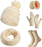 Set de Bufanda, Gorro y Guantes para Mujer de Invierno con Pantalla Táctil - Incluye Orejeras y Calcetines de Forro Polar,...