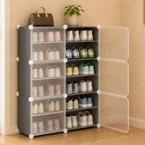 Image of Sunderlook Shoe Rack Plastic for Home- Shoe Stand, Chappal Stand, Professional Multipurpose Foldable Standing Comfort Runner Shoe Rack with Door, Slipper Stand (Dark Grey, 12 Shelf 6 Door)