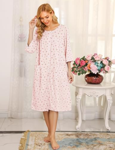 Image of Bloggerlove House Dress Women Cotton Snap Front Nightgown 3 /4 Sleeve Housecoat Duster Robe with Pockets Moomoo Patio Dress